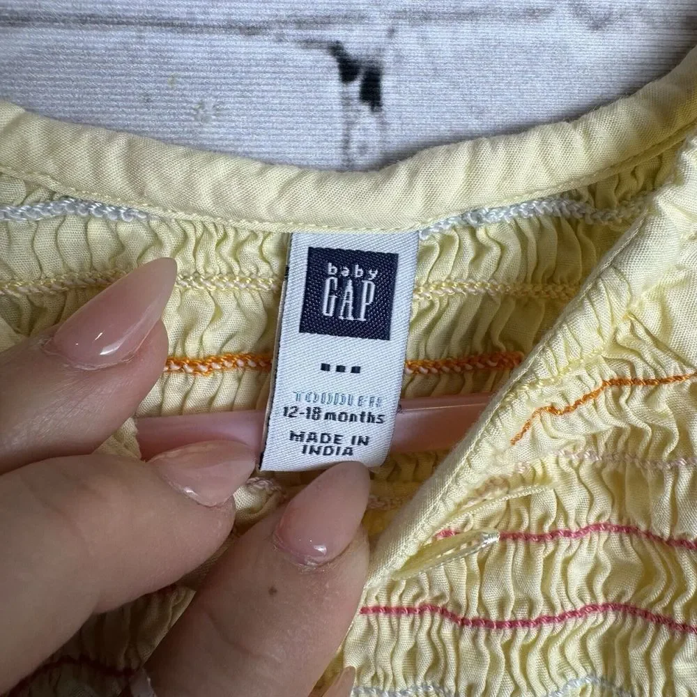 Baby Gap Yellow Ruffles Dress Fully Lined Cotton Embroidered Hem Sz 12-18 Months